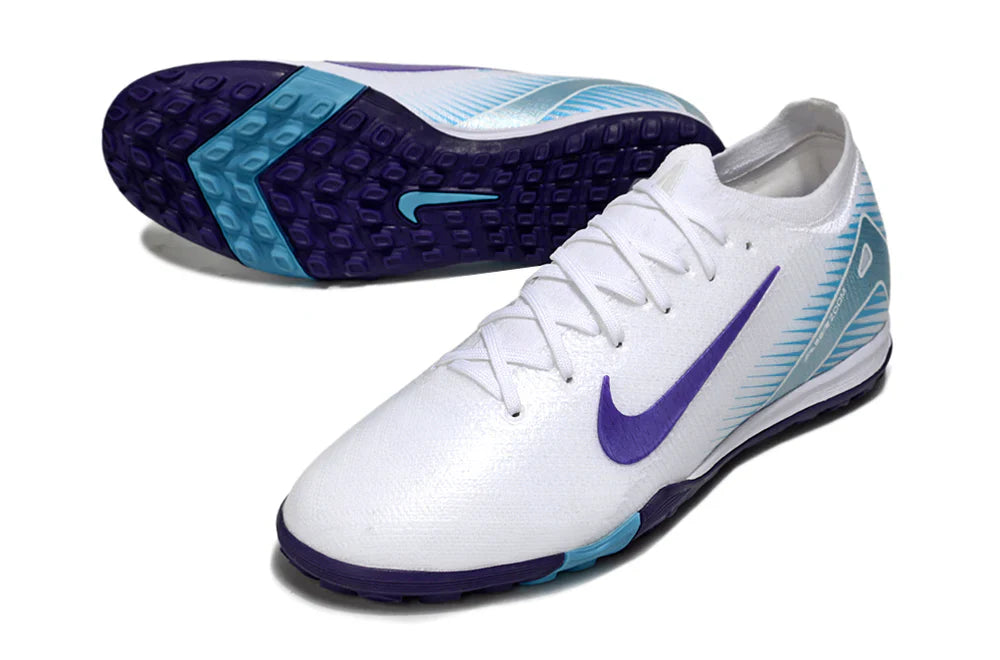 Chuteira Society Nike Air Zoom Mercurial Vapor 16 Elite TF - Branca, Azul e Roxa